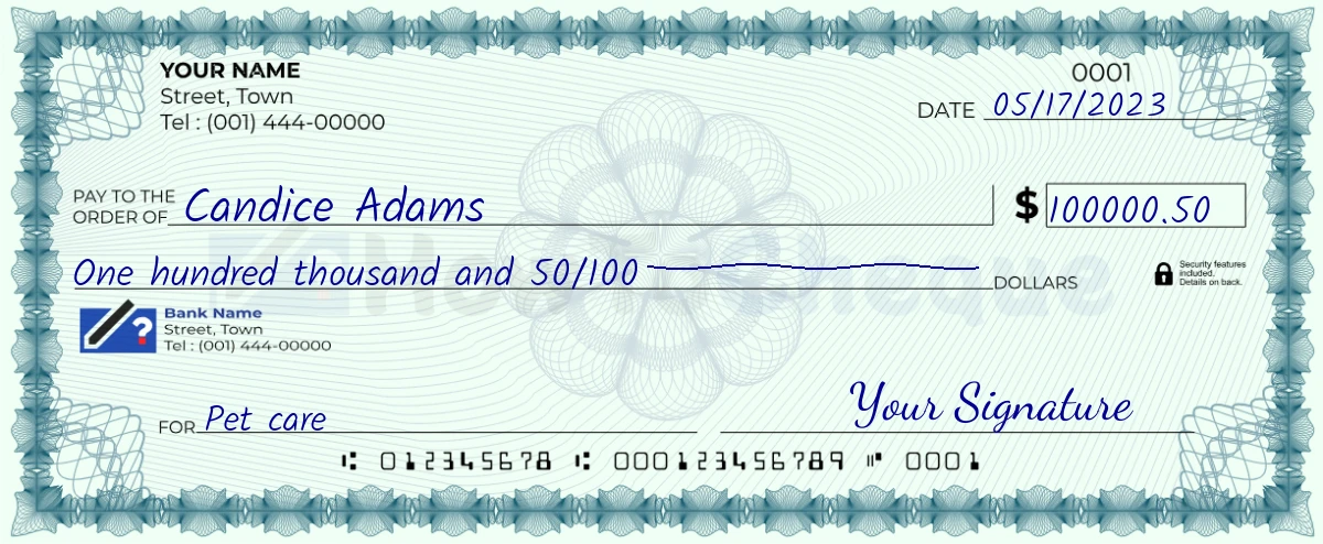 Example check of 100000 dollar 50 cent