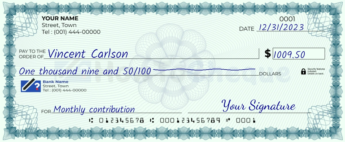 Example check of 1009 dollar 50 cent