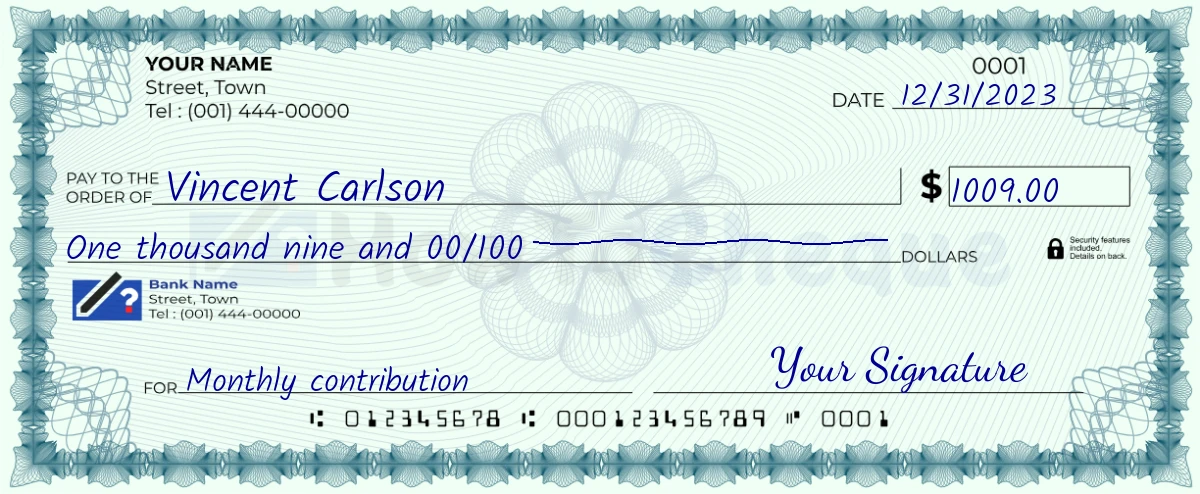 Example check of 1009 dollar
