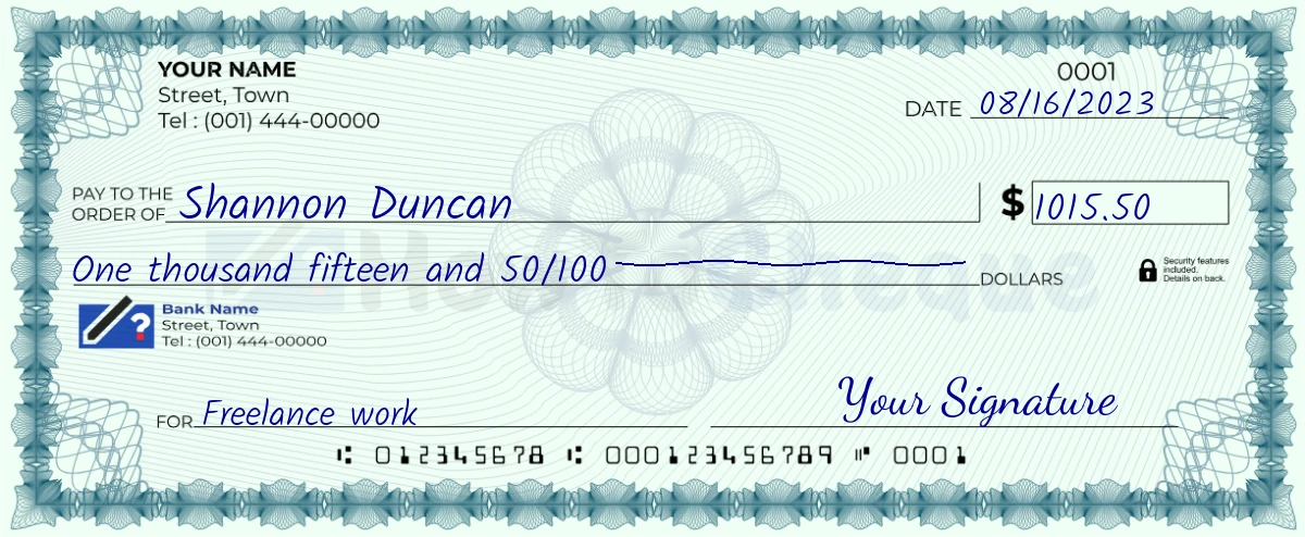 Example check of 1015 dollar 50 cent