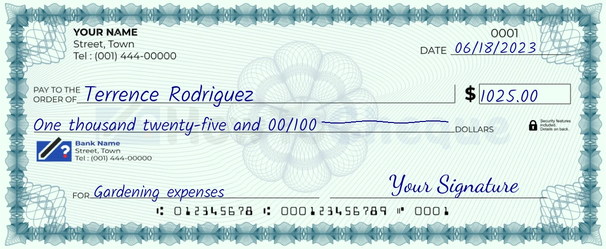 Example check of 1025 dollar