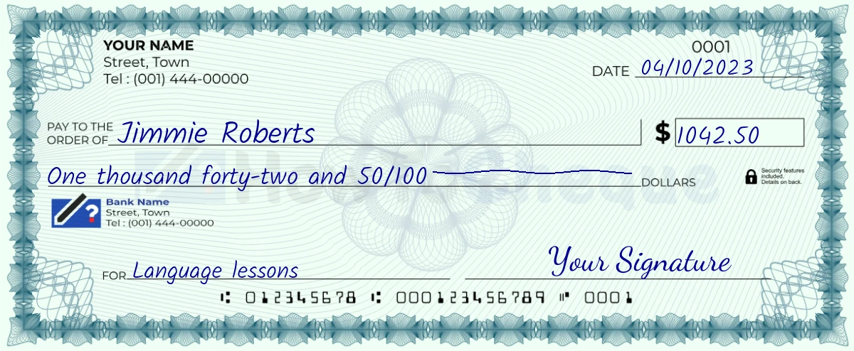 Example check of 1042 dollar 50 cent