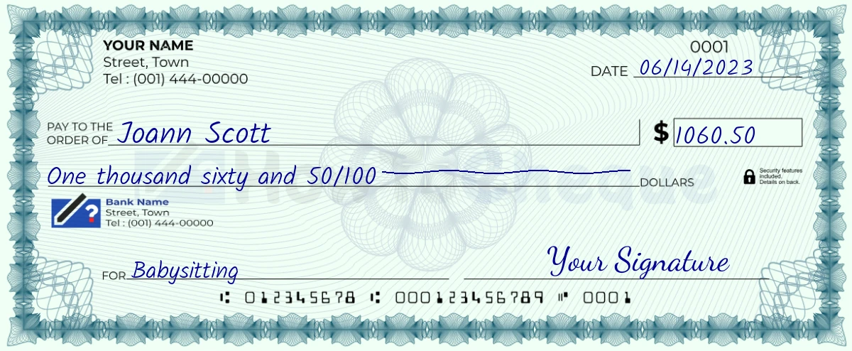 Example check of 1060 dollar 50 cent
