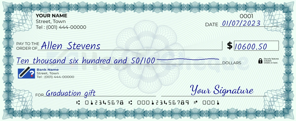 Example check of 10600 dollar 50 cent