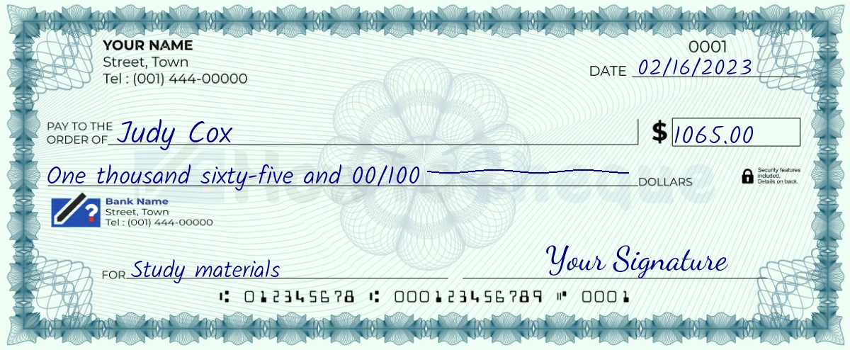 Example check of 1065 dollar