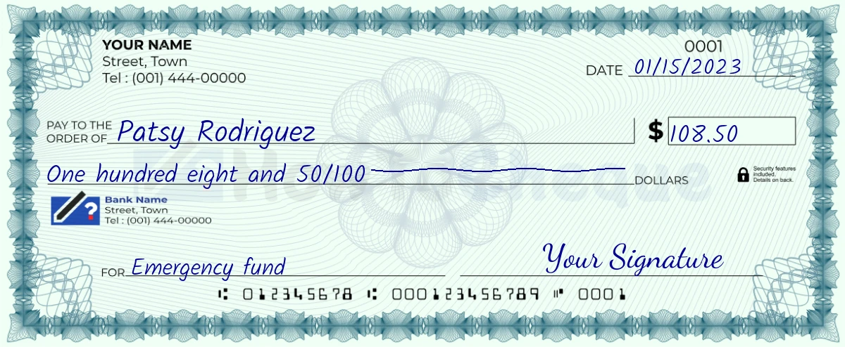 Example check of 108 dollar 50 cent
