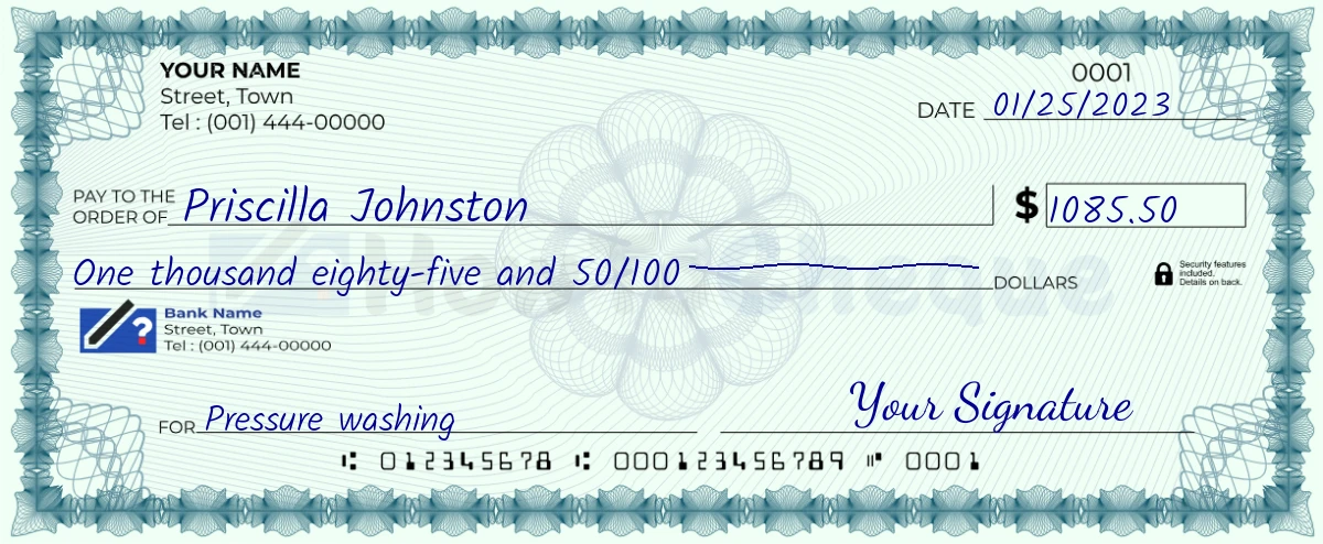 Example check of 1085 dollar 50 cent