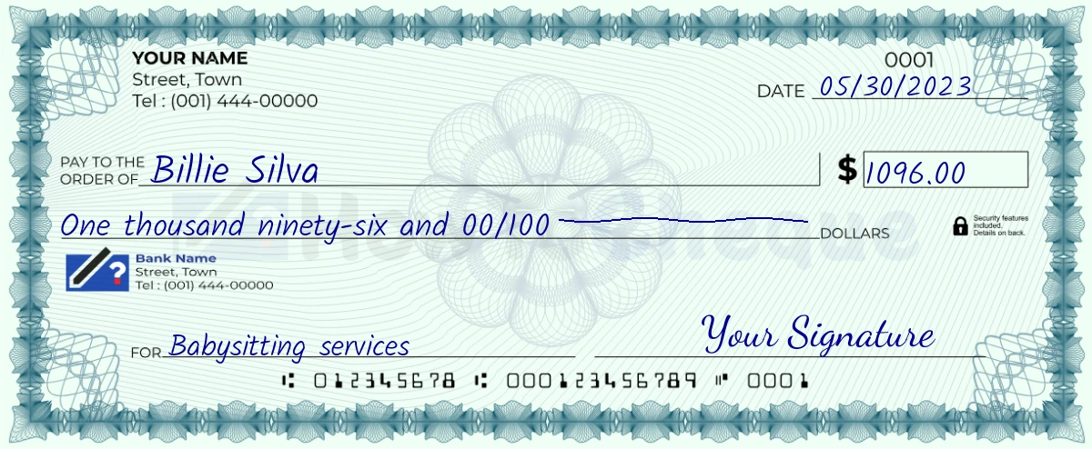 Example check of 1096 dollar