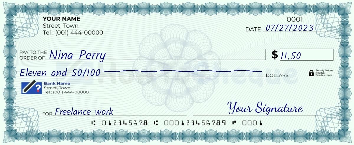 Example check of 11 dollar