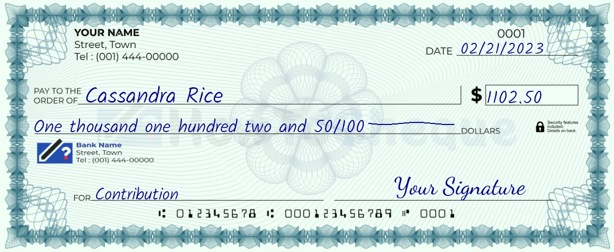 Example check of 1102 dollar 50 cent