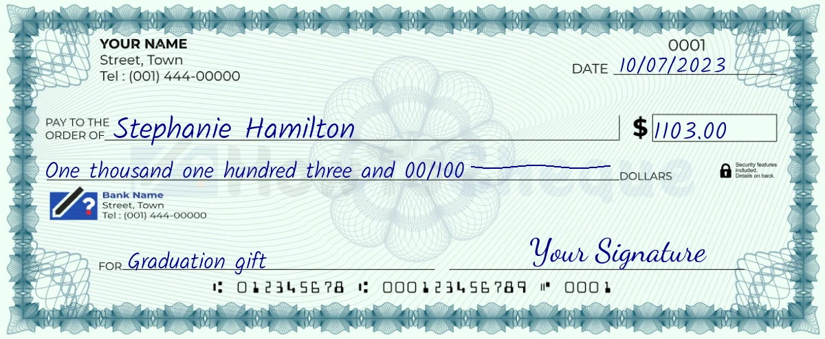 Example check of 1103 dollar