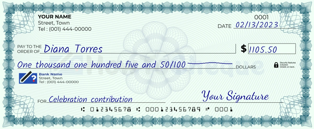 Example check of 1105 dollar 50 cent