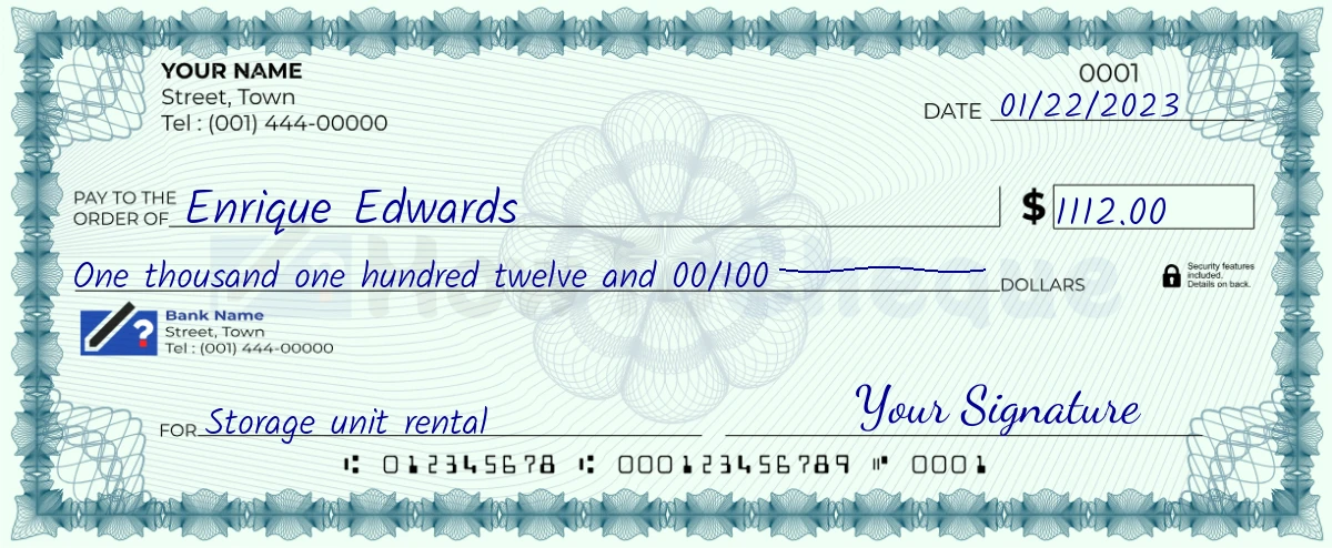 Example check of 1112 dollar