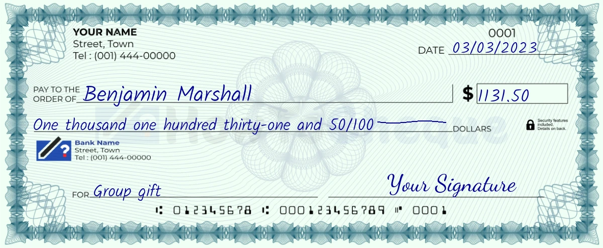 Example check of 1131 dollar 50 cent
