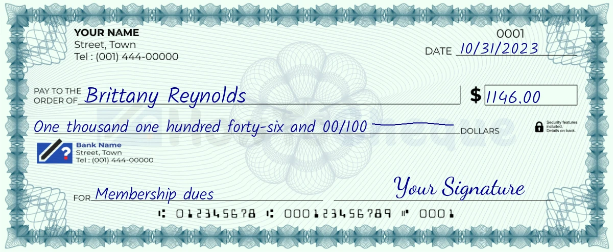 Example check of 1146 dollar