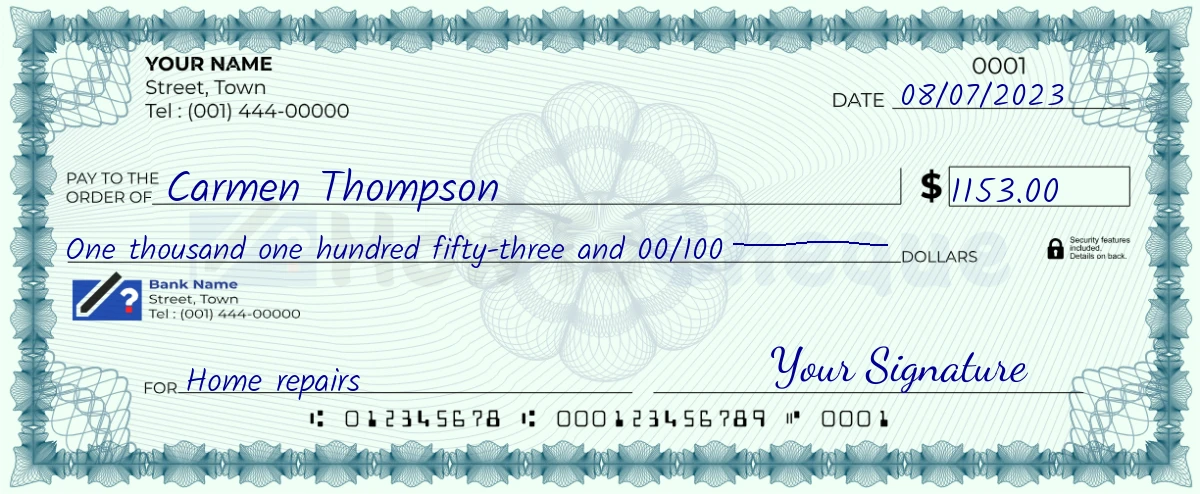 Example check of 1153 dollar