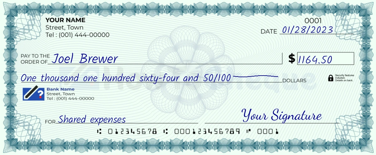 Example check of 1164 dollar 50 cent
