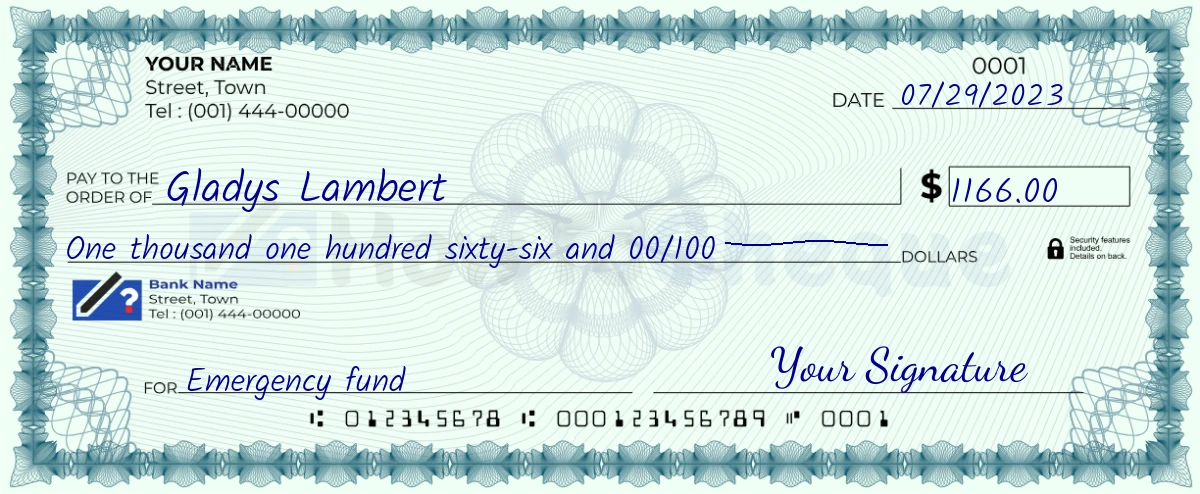 Example check of 1166 dollar