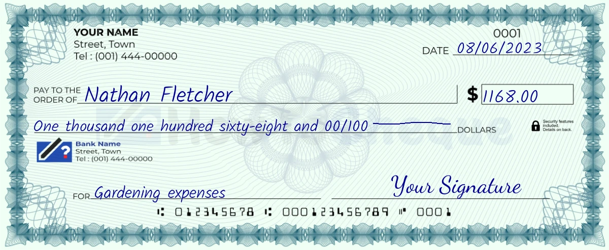 Example check of 1168 dollar