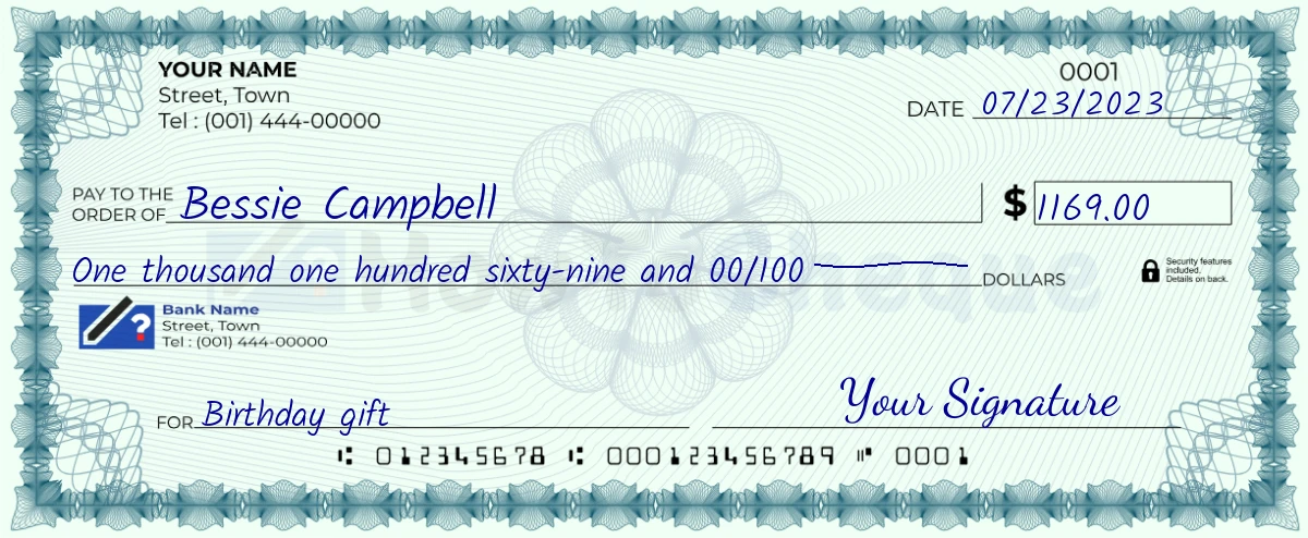 Example check of 1169 dollar