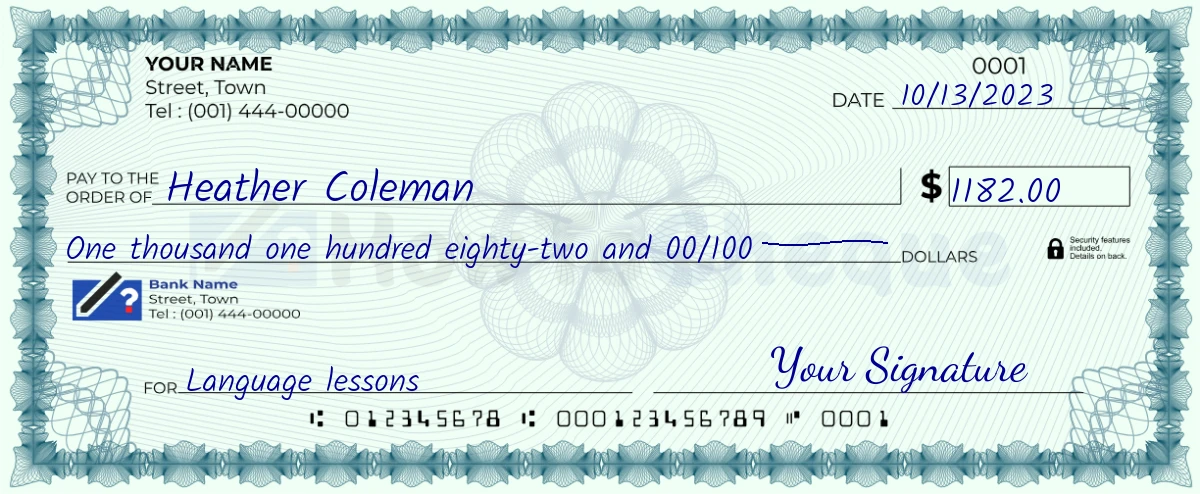 Example check of 1182 dollar