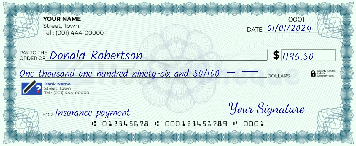 Example check of 1196 dollar 50 cent