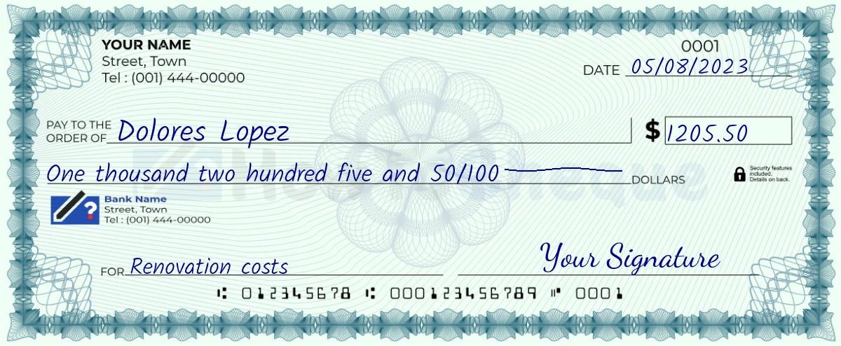 Example check of 1205 dollar 50 cent