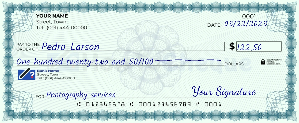 Example check of 122 dollar 50 cent