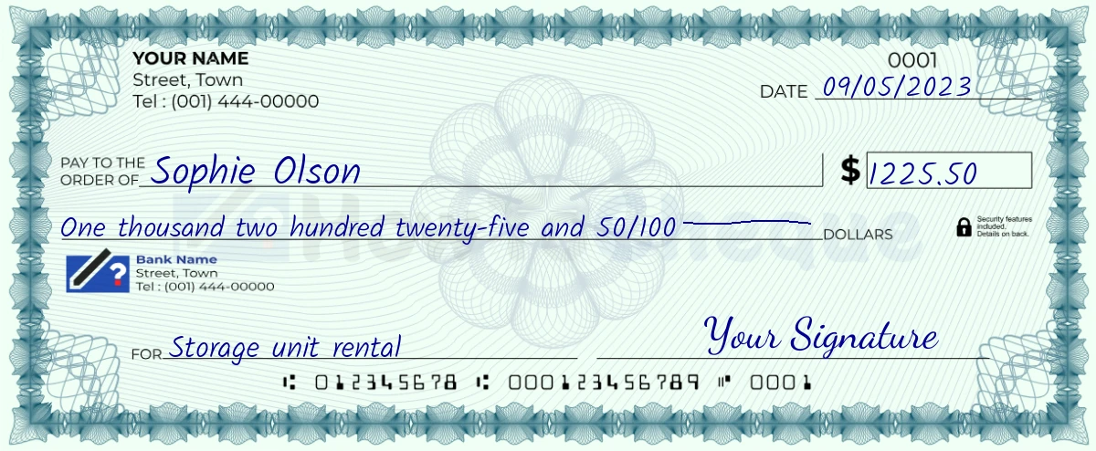 Example check of 1225 dollar 50 cent