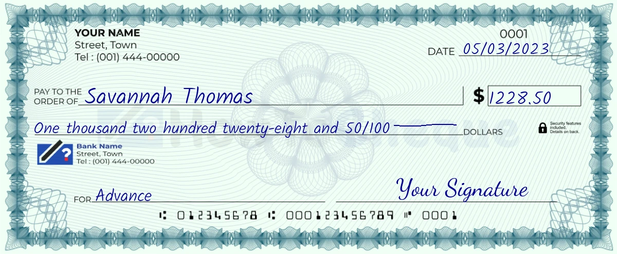 Example check of 1228 dollar 50 cent