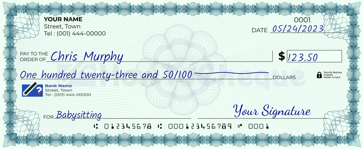 Example check of 123 dollar 50 cent
