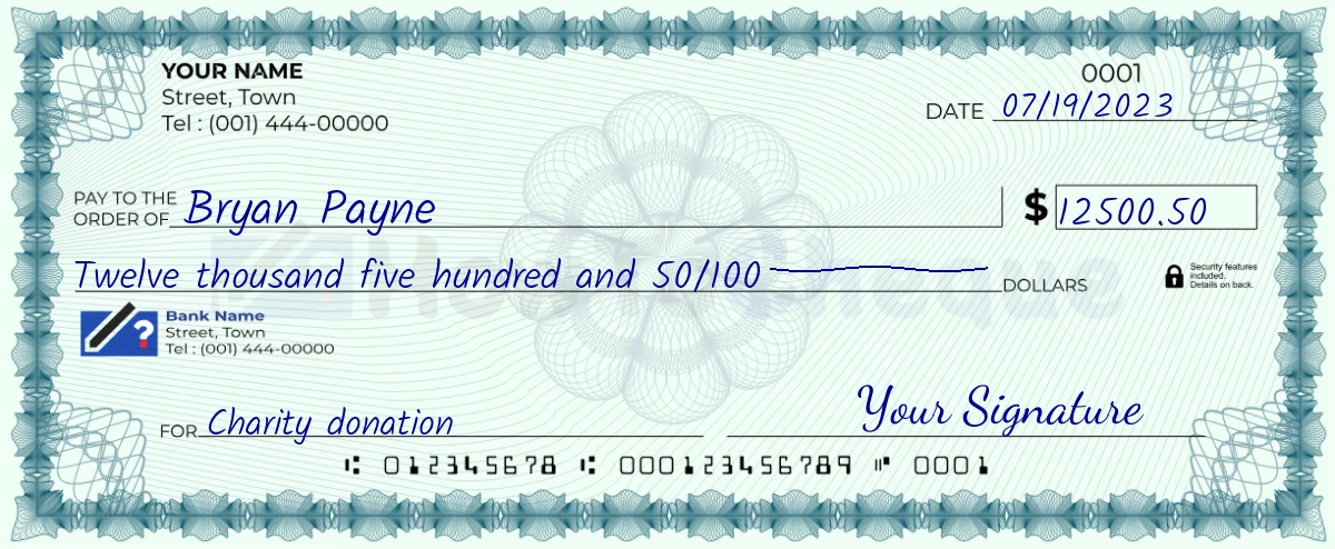 Example check of 12500 dollar 50 cent