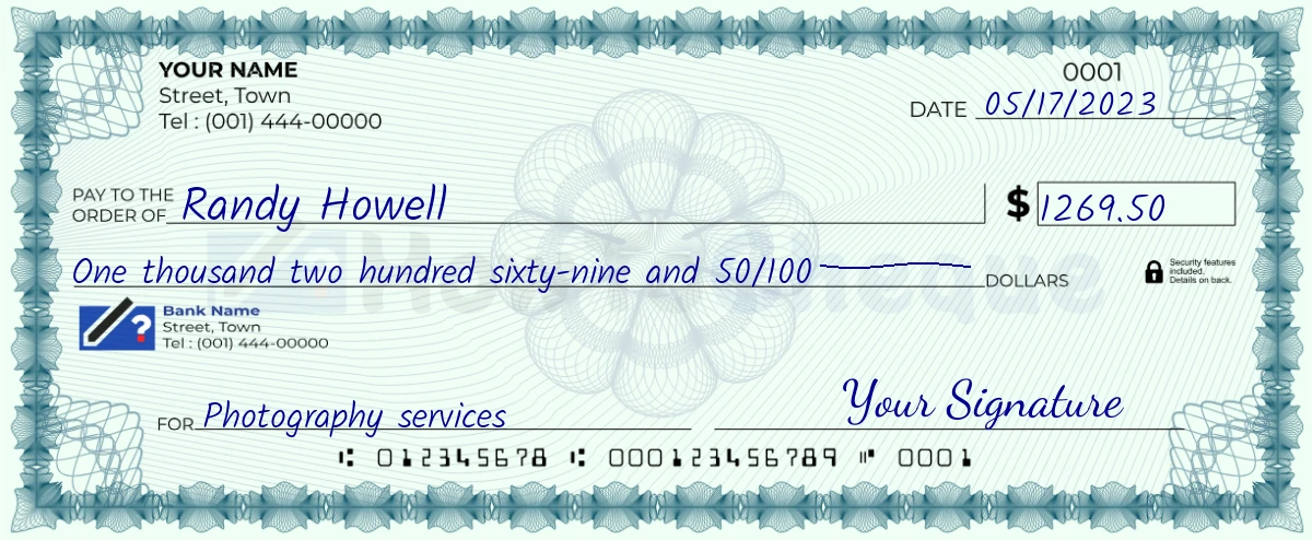 Example check of 1269 dollar 50 cent