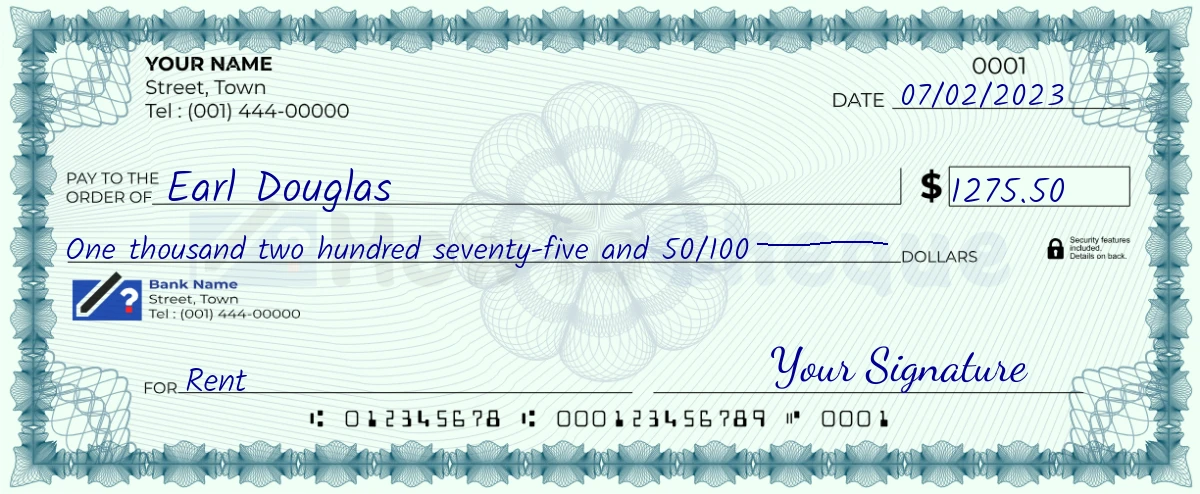 Example check of 1275 dollar 50 cent