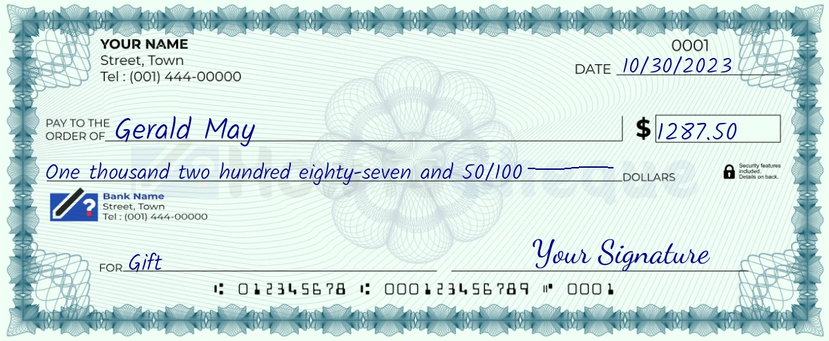 Example check of 1287 dollar 50 cent