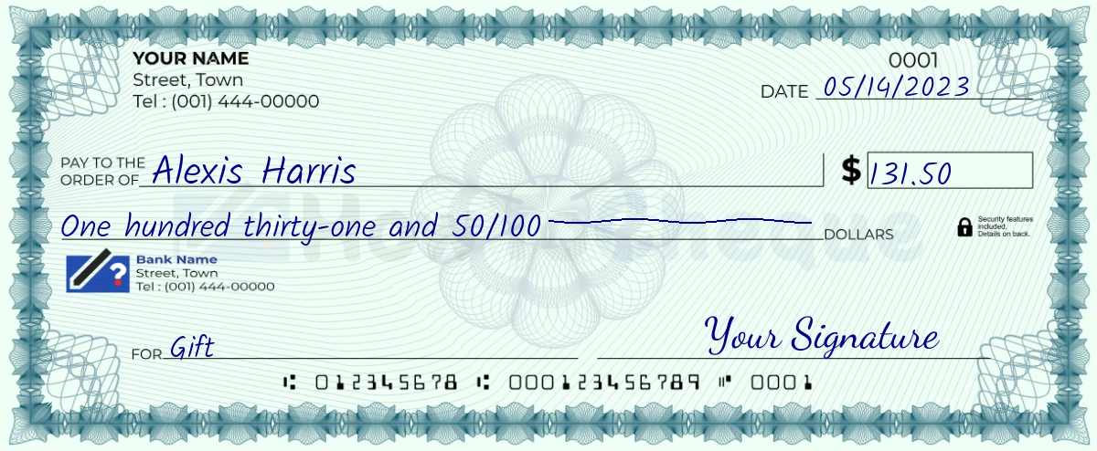 Example check of 131 dollar 50 cent