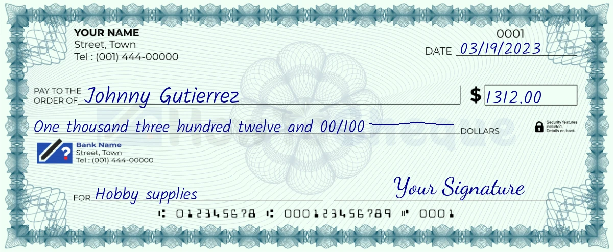 Example check of 1312 dollar