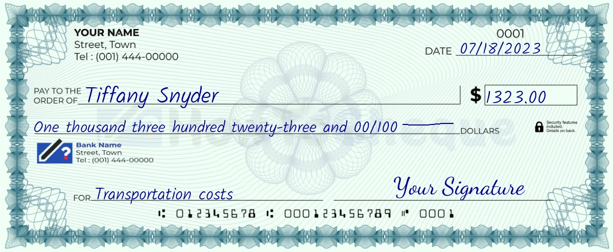 Example check of 1323 dollar