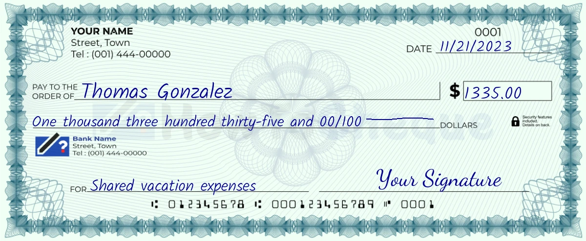 Example check of 1335 dollar