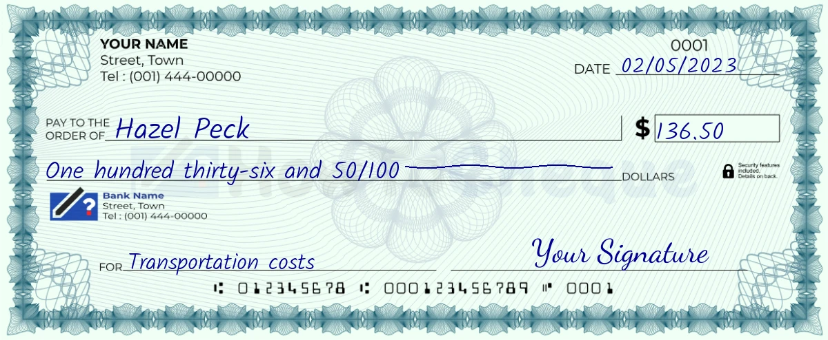 Example check of 136 dollar 50 cent