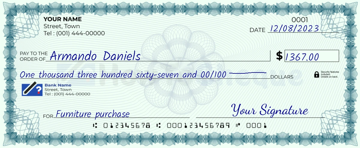 Example check of 1367 dollar