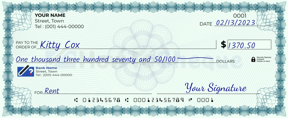 Example check of 1370 dollar 50 cent