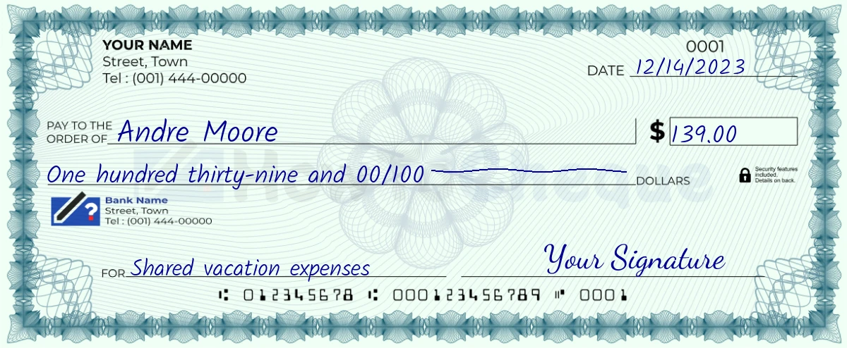Example check of 139 dollar