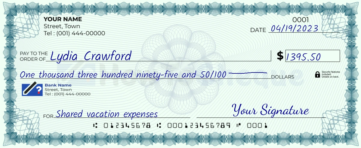 Example check of 1395 dollar 50 cent