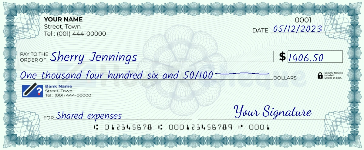 Example check of 1406 dollar 50 cent