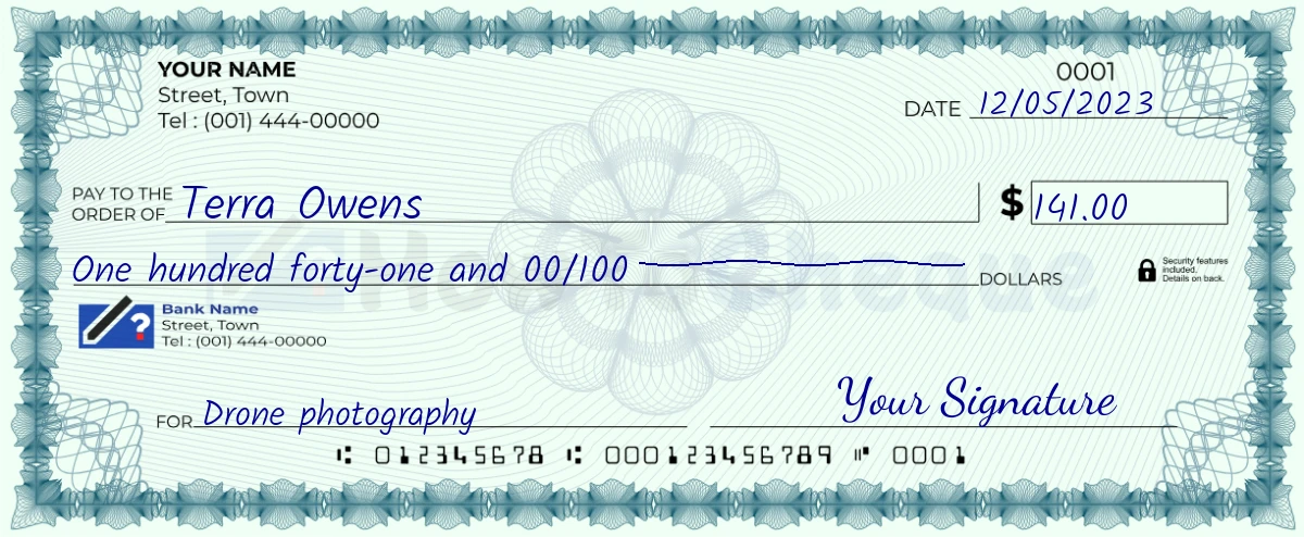 Example check of 141 dollar