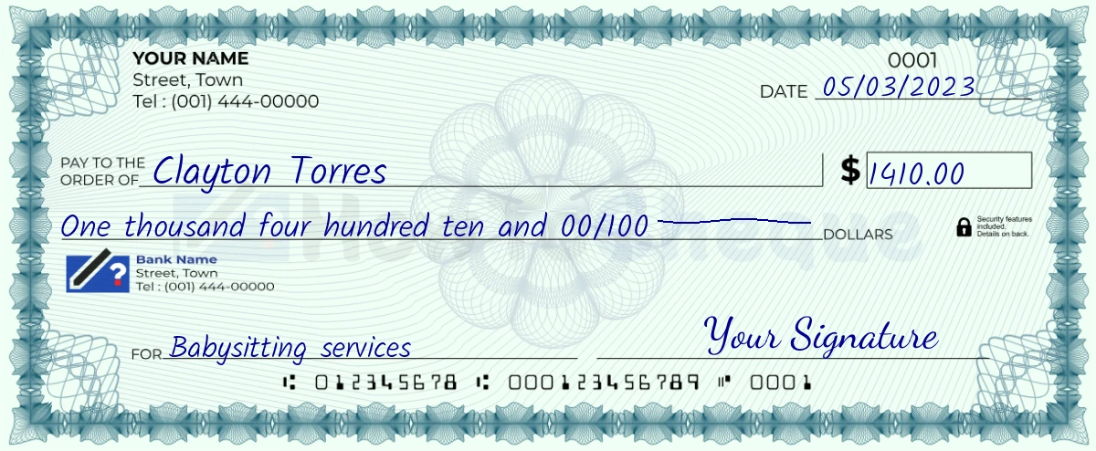 Example check of 1410 dollar