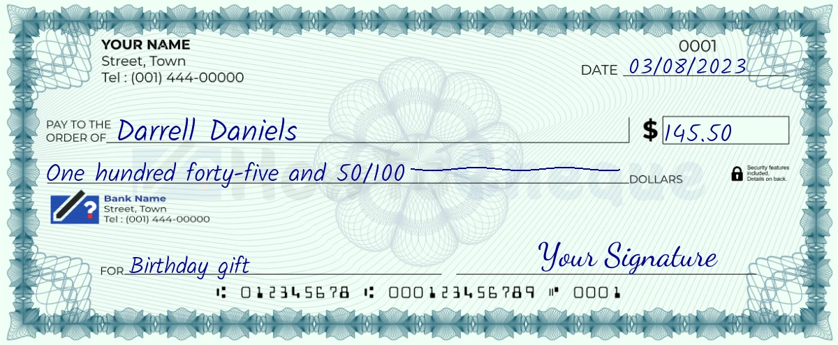 Example check of 145 dollar 50 cent