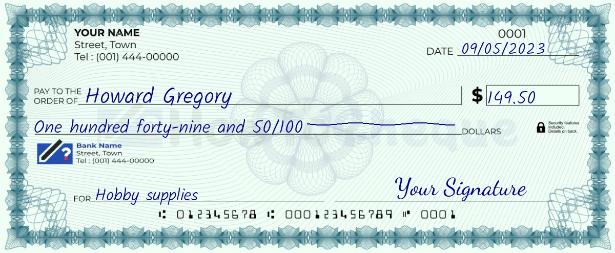 Example check of 149 dollar 50 cent