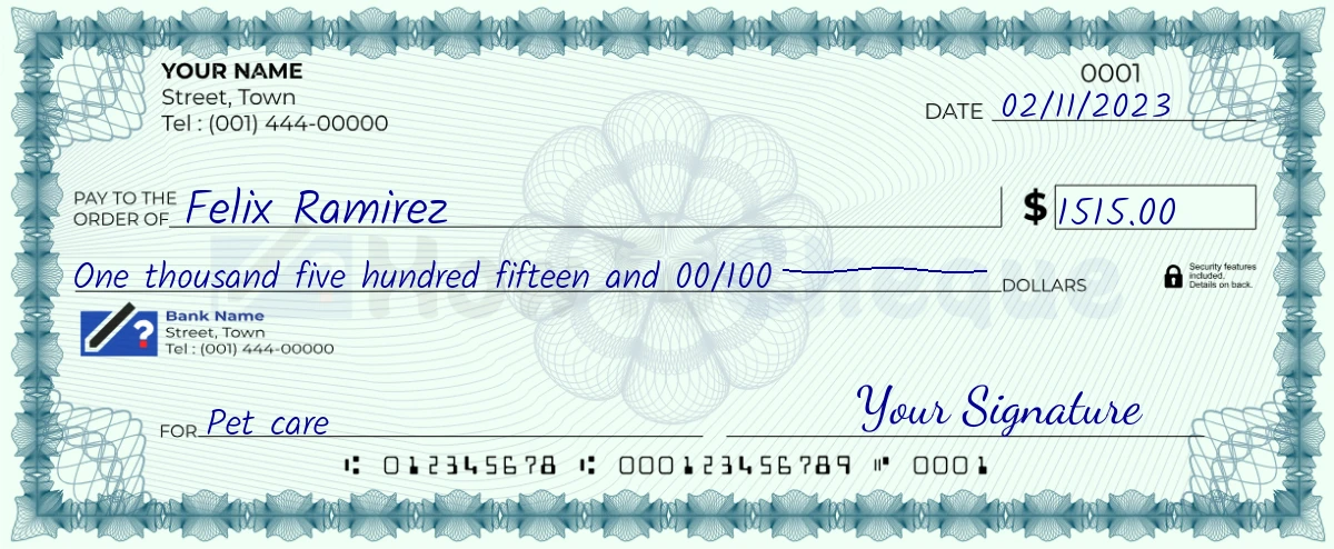 Example check of 1515 dollar